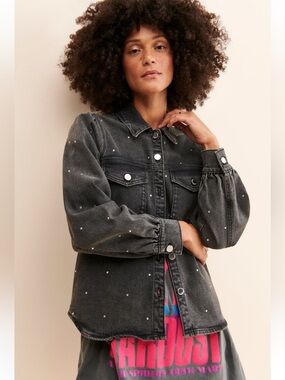 Cras Anthropologie Helen Black Rhinestone Puff Sleeve Denim Shirt Jacket 34/0-4